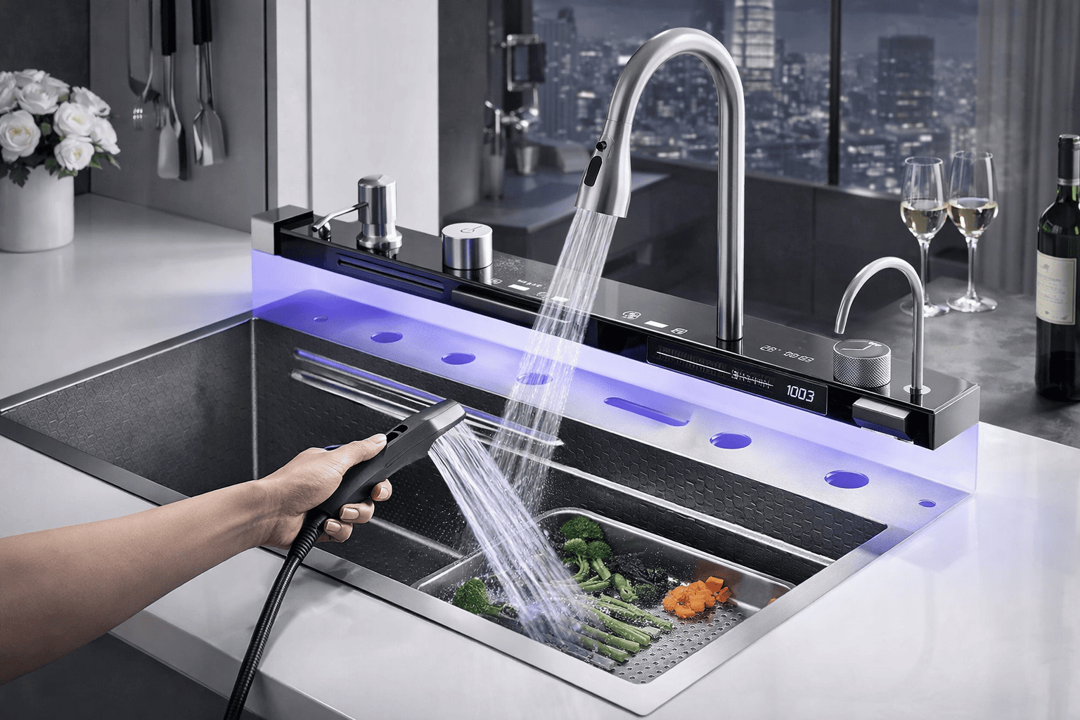 Modern kitchen sink with running water and a hand holding a device, cityscape in the background