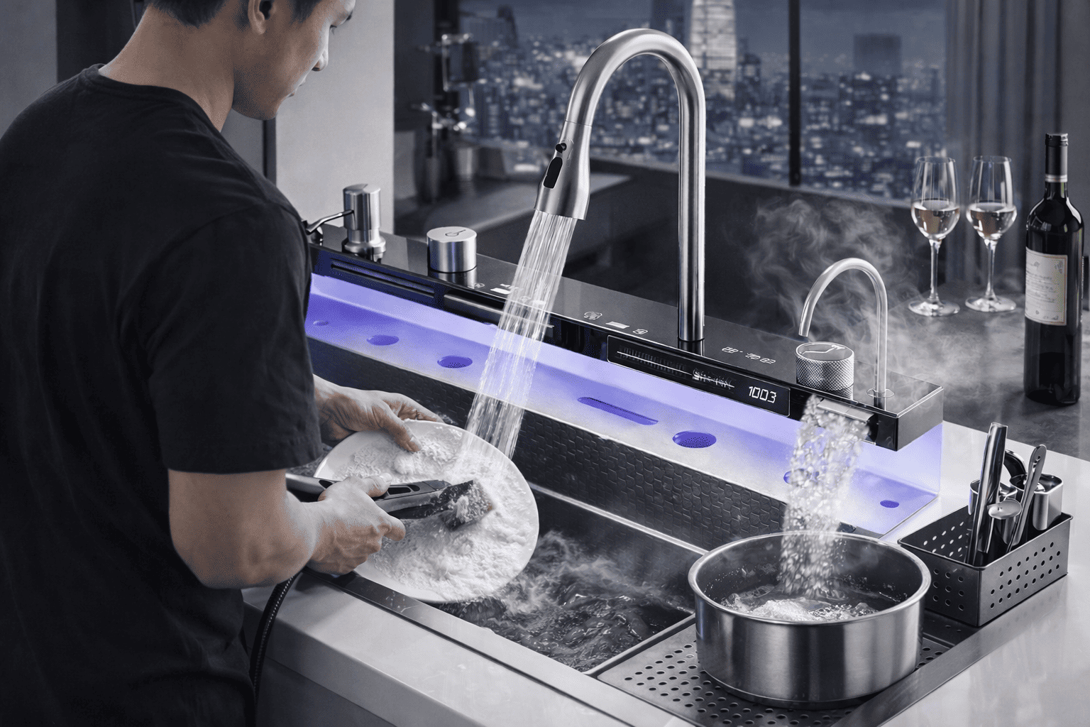 Person washing dishes in a modern kitchen with a smart sink and cityscape view.