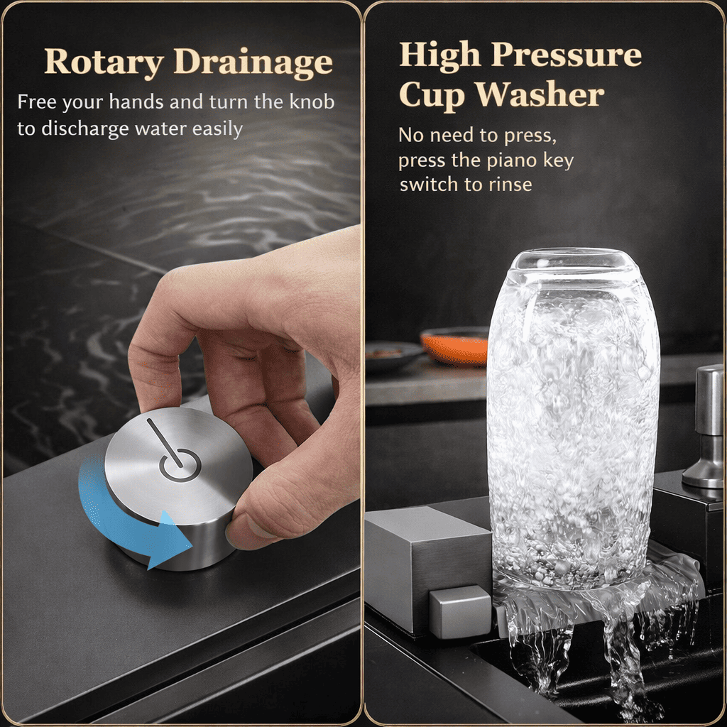 Two features of a kitchen sink with rotary drainage and high-pressure cup washer.