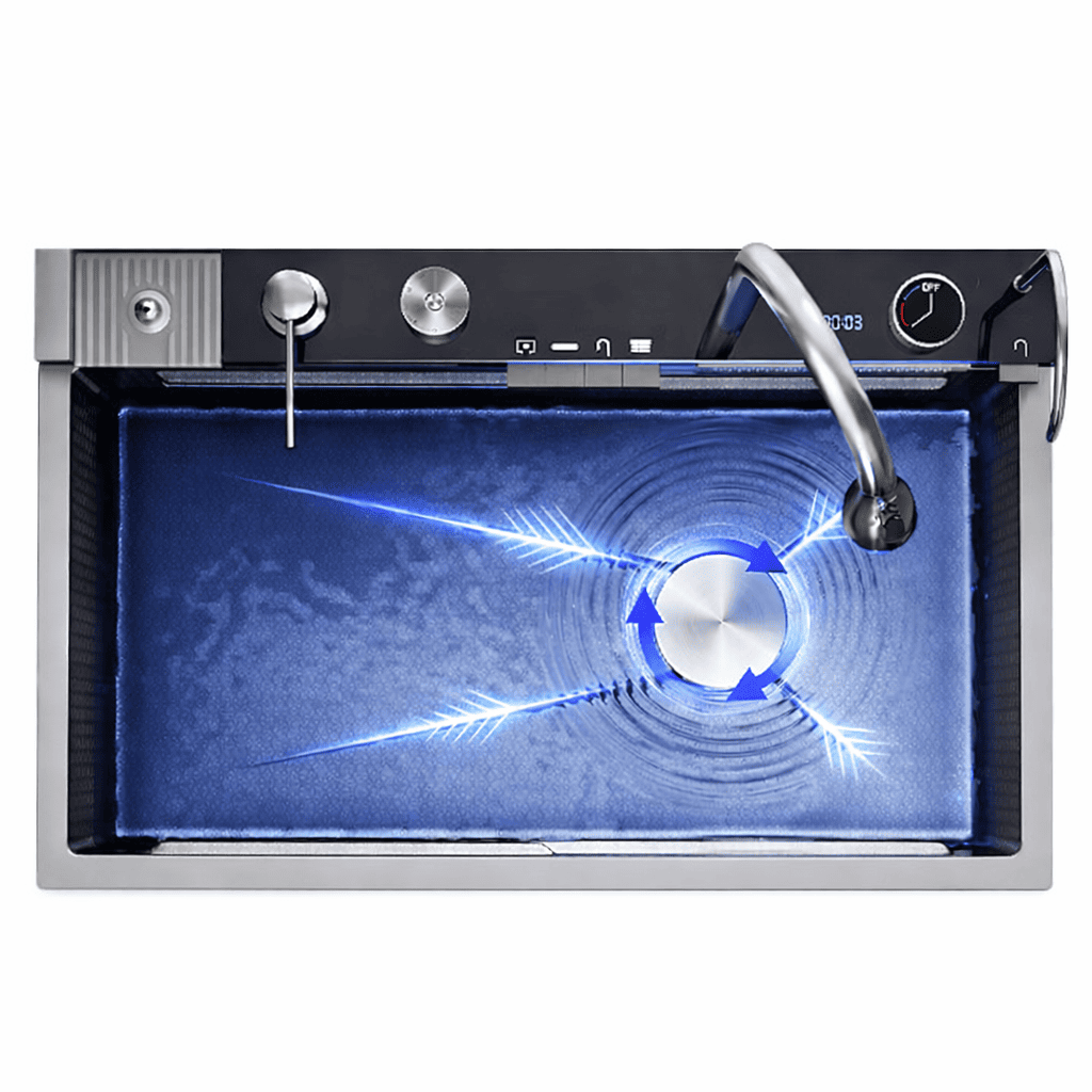 Stainless steel kitchen sink with digital display and faucet on a white background