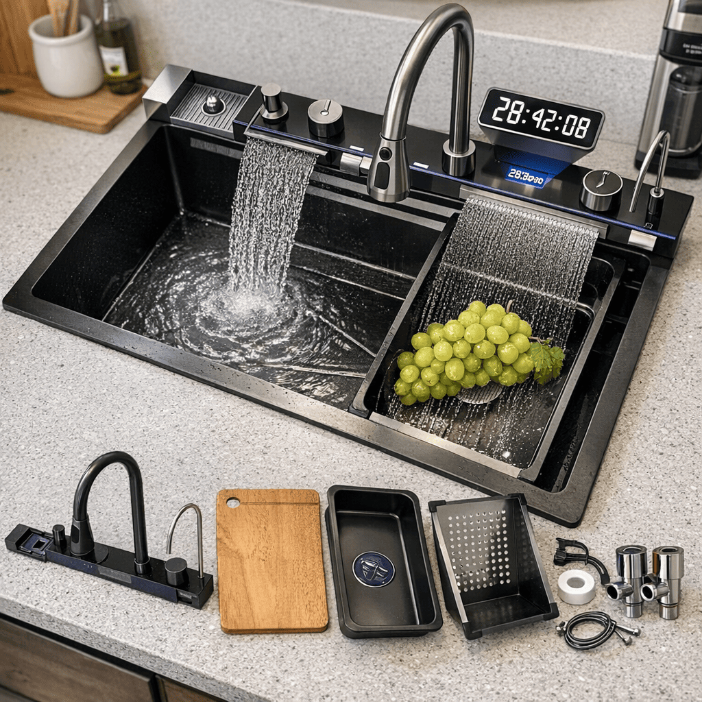 Modern kitchen sink with running water, fruits, and various kitchen utensils on a countertop.