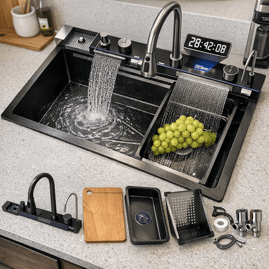 Modern kitchen sink with running water, fruits, and various kitchen utensils on a countertop.