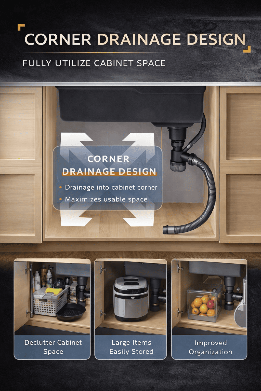 Corner drainage design for kitchen cabinets with text and images showing benefits.