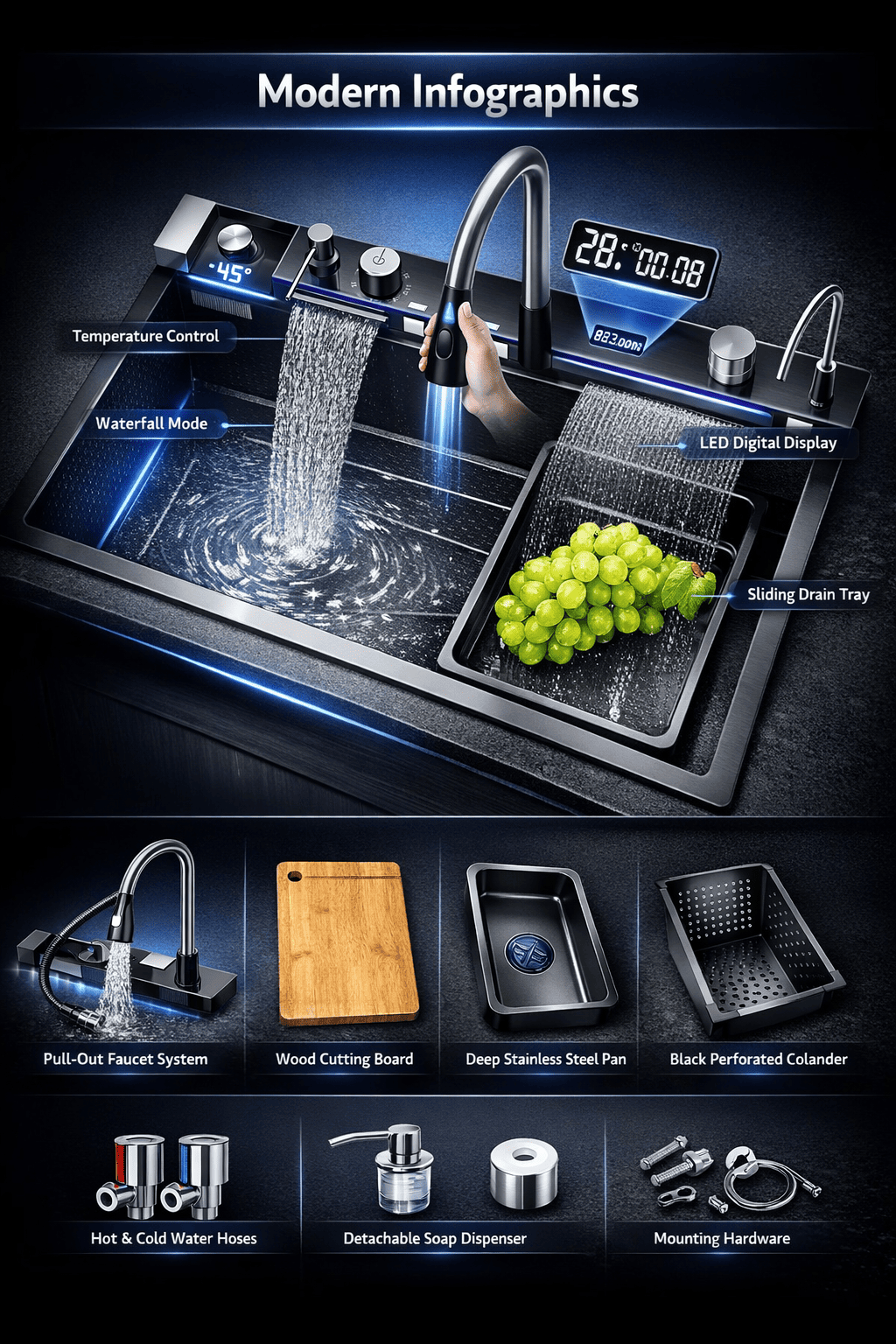 Modern kitchen sink with various features and components displayed.
