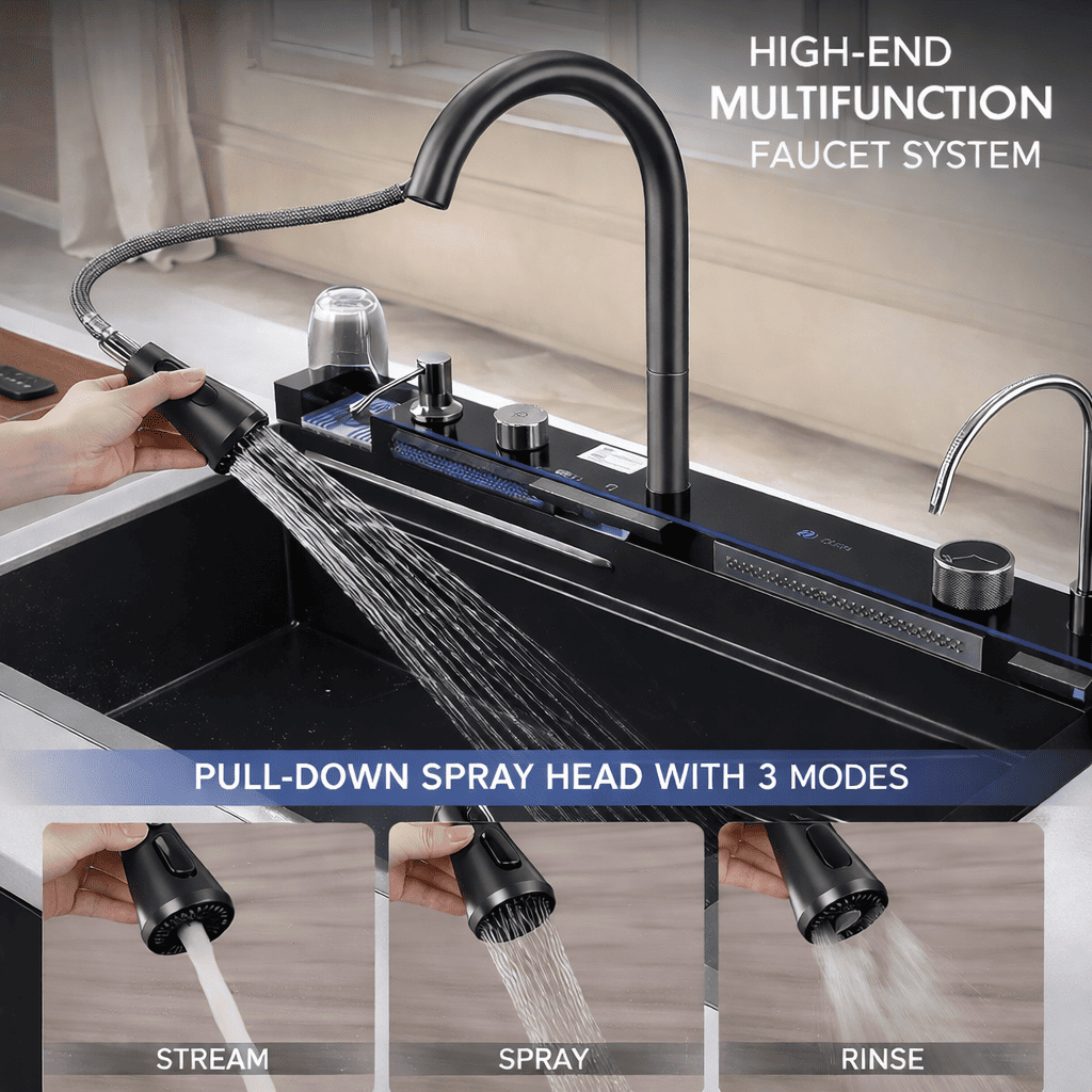 High-end multifunction faucet system with pull-down spray head in a kitchen setting.