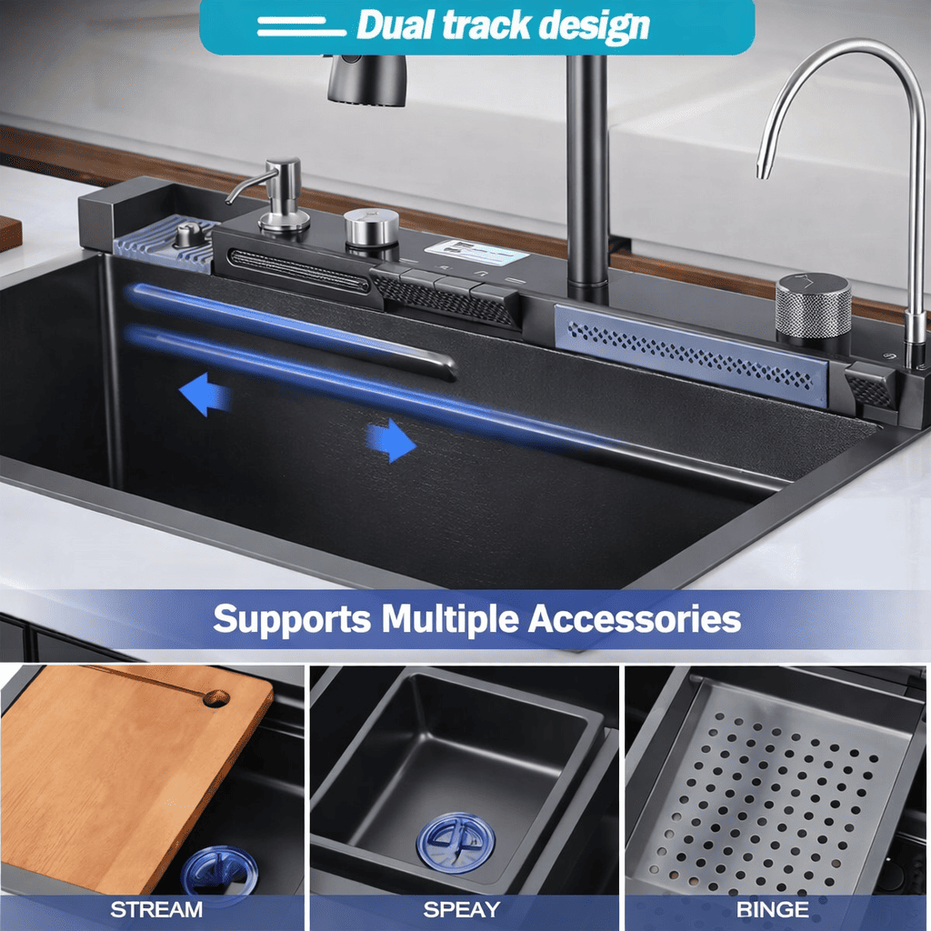 Modern kitchen sink with dual track design and multiple accessories shown below.