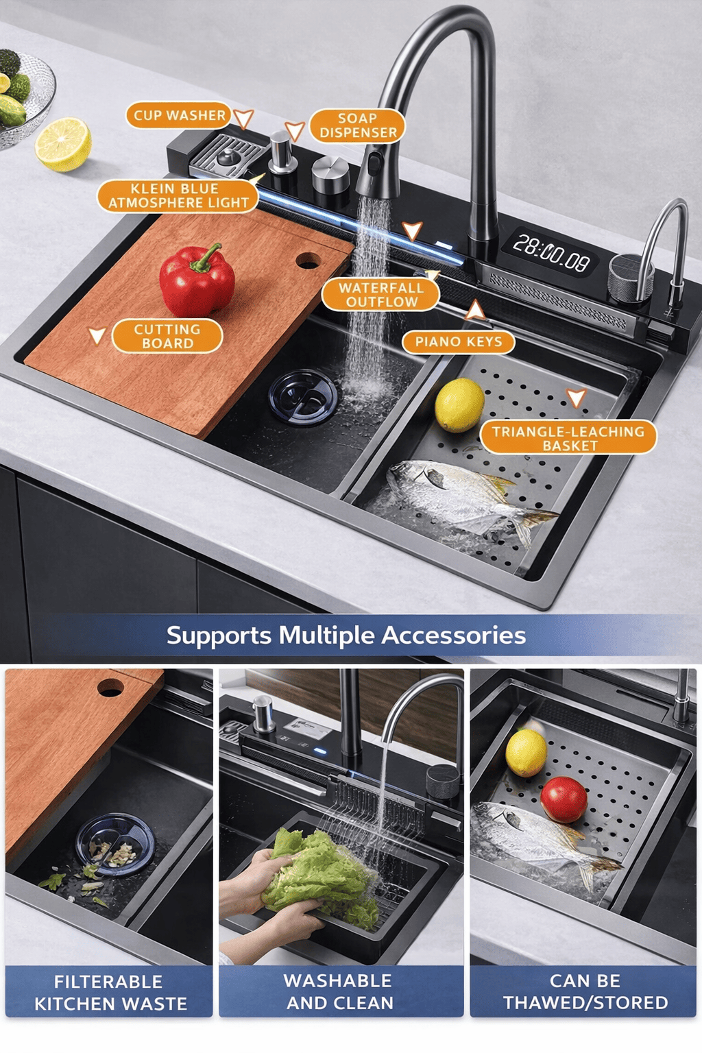 Stainless steel kitchen sink with various accessories and features highlighted.
