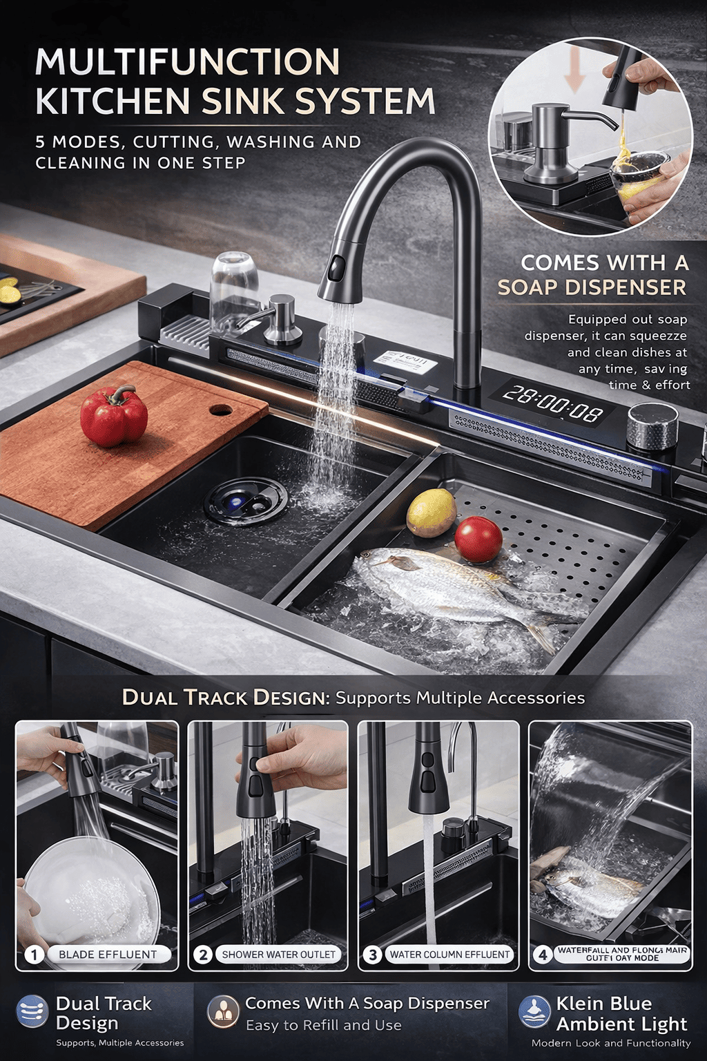 Multifunctional kitchen sink system with faucet and soap dispenser on a modern kitchen counter.