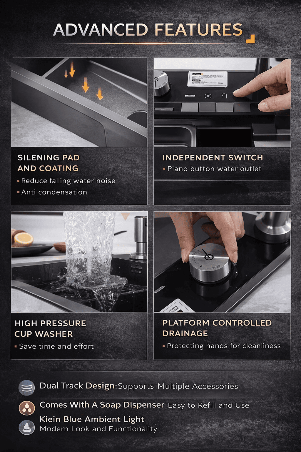Product features of a kitchen appliance with text highlighting advanced features.
