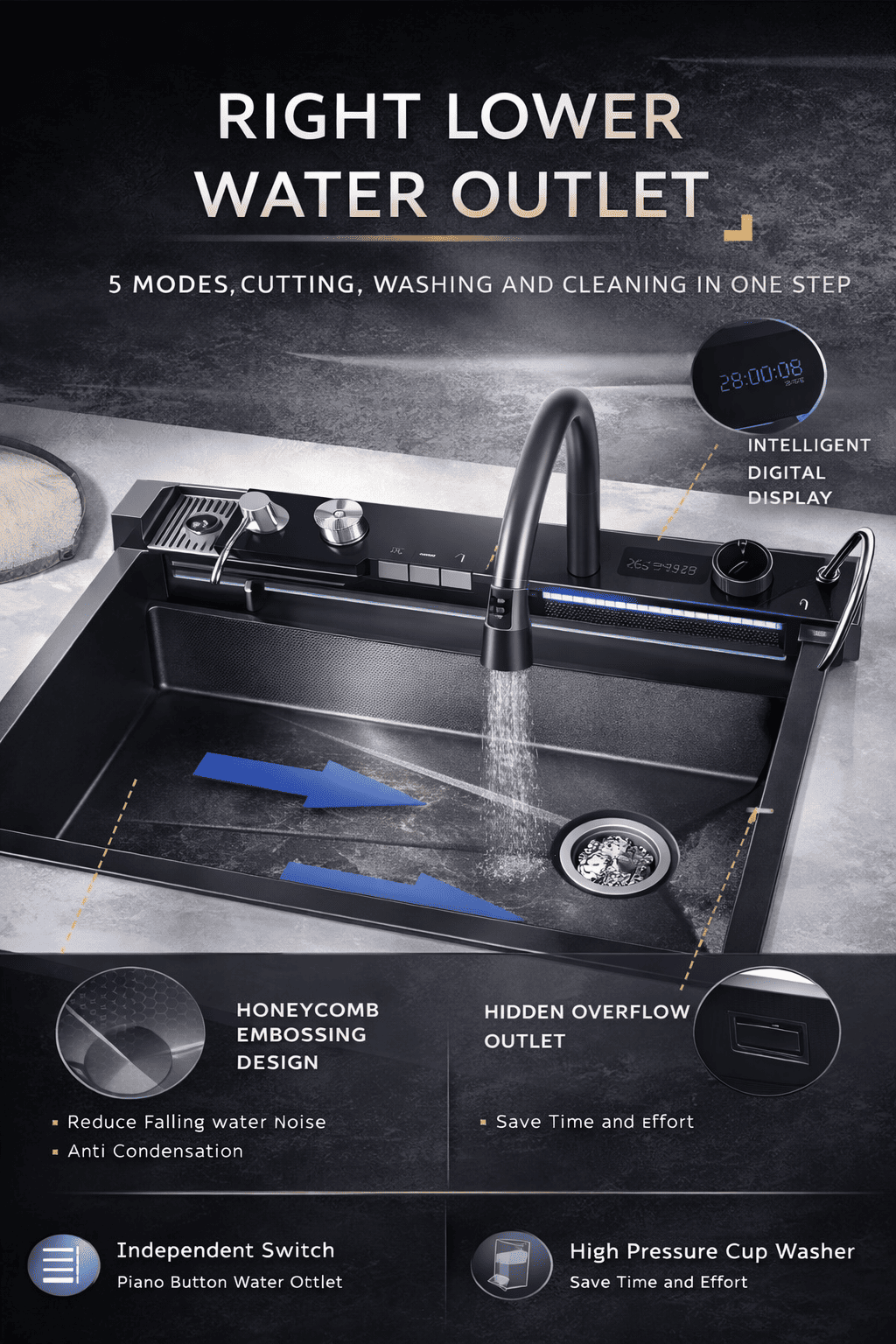 Kitchen sink with water outlet features highlighted on a dark background