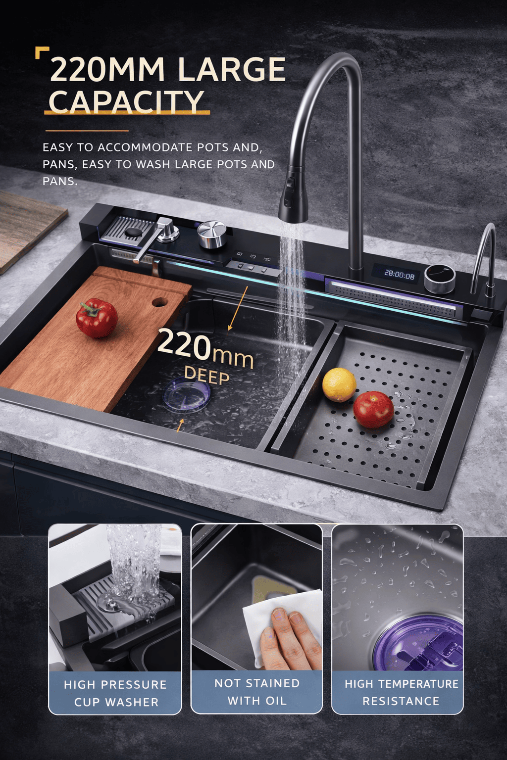Kitchen sink with large capacity, high pressure cup washer, not stained with oil, and high temperature resistance features.