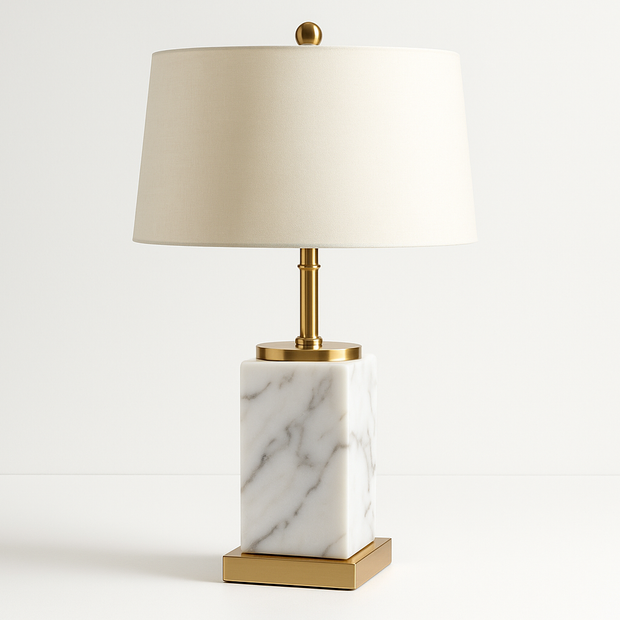 Handcrafted Marble & Brass Table Lamp with Linen Shade