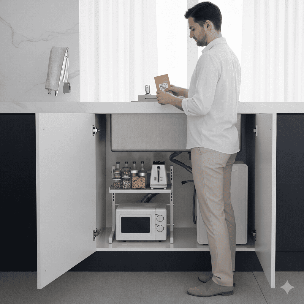 Man standing in a compact kitchen with open cabinets revealing appliances.