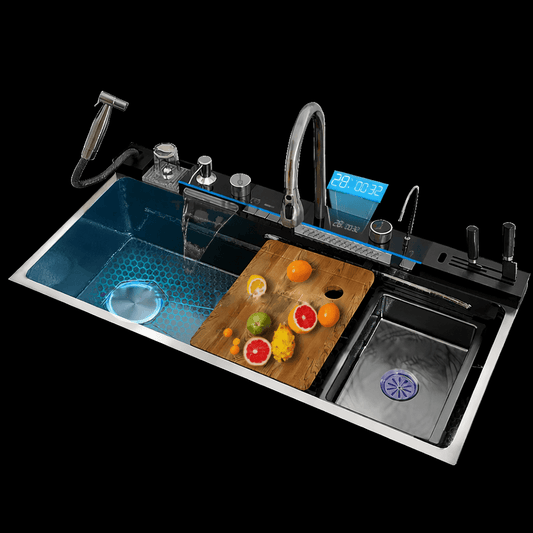 Modern kitchen sink with digital display and faucet, featuring a cutting board with fruits.