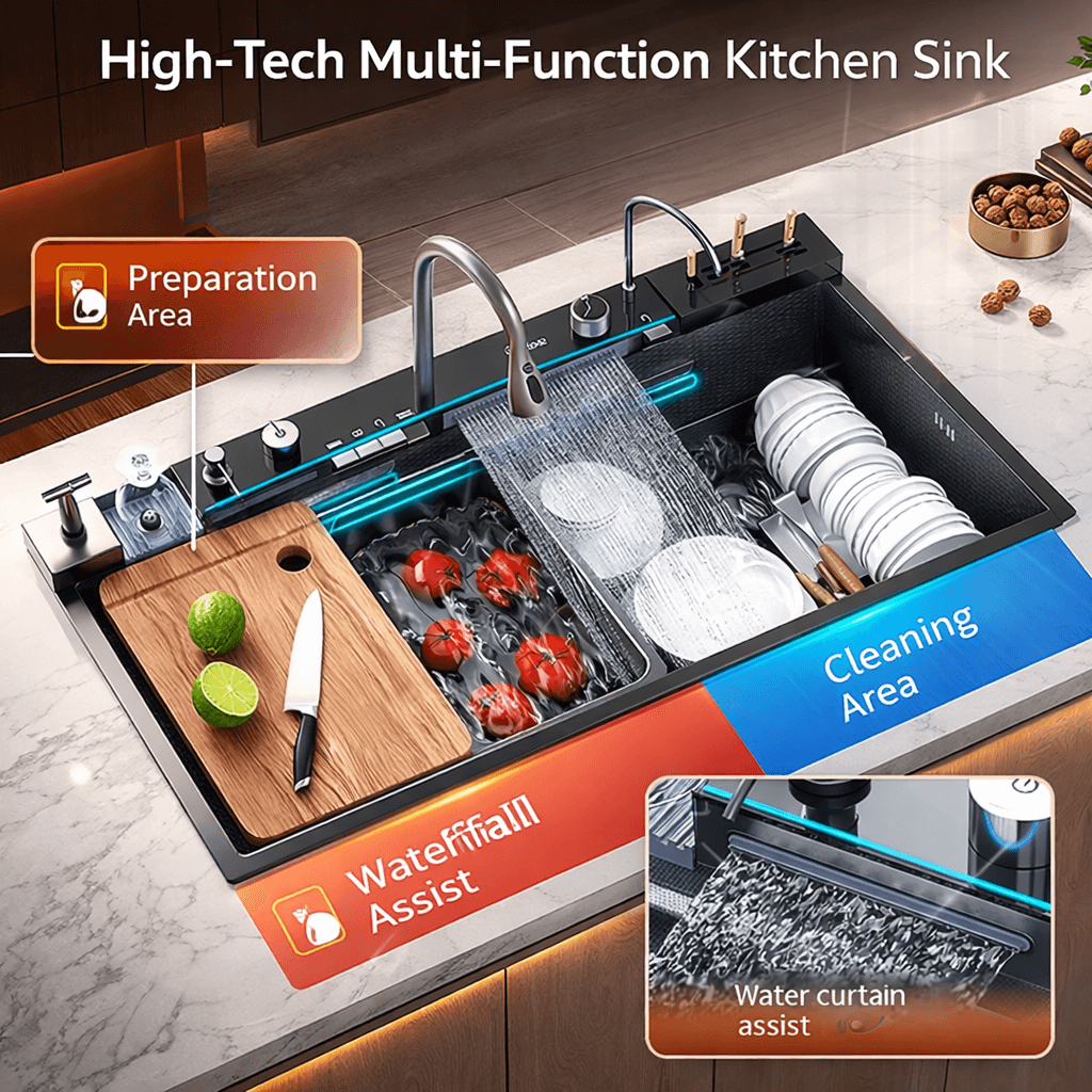 High-tech multi-function kitchen sink with labeled areas and water curtain assist feature.