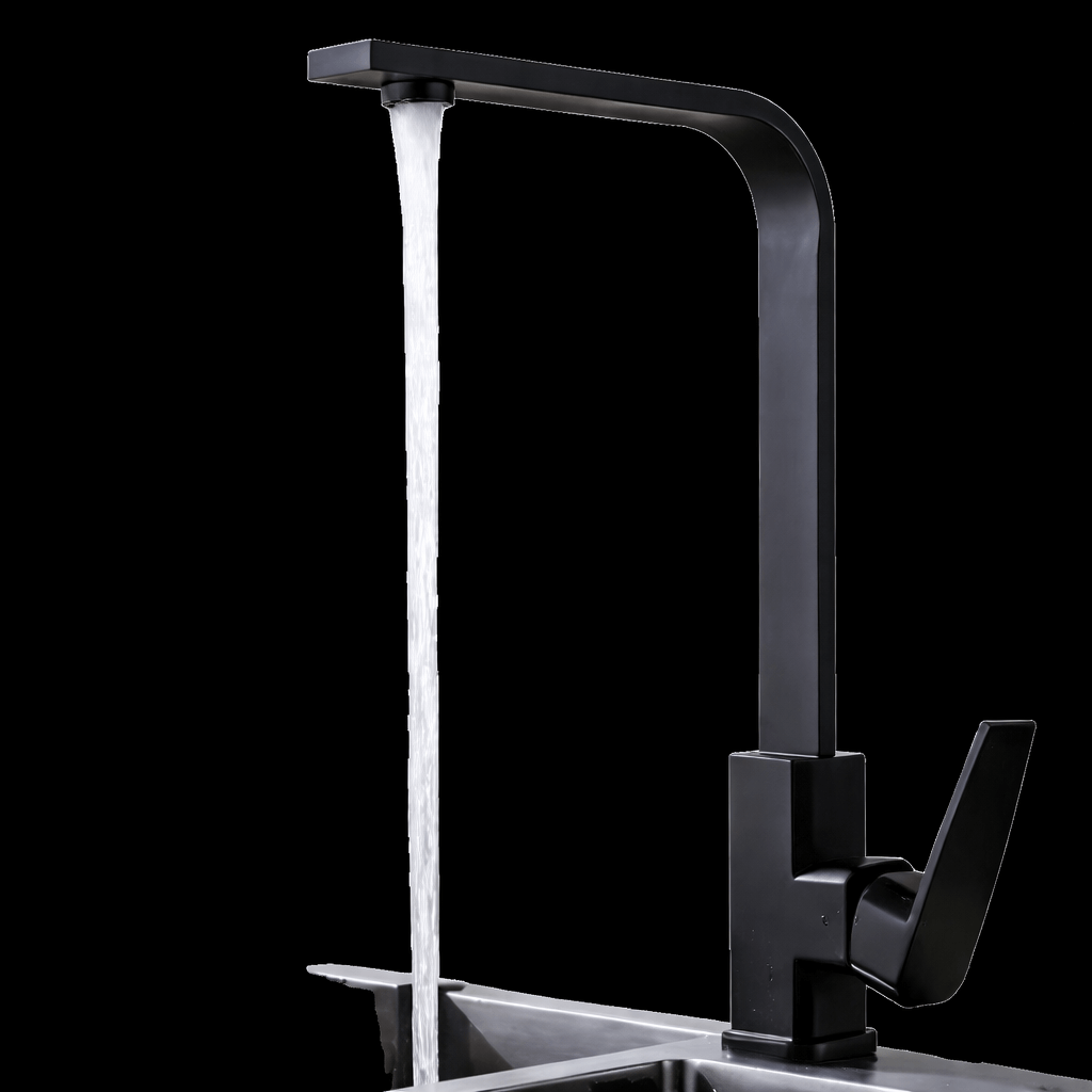 Black kitchen faucet with water flowing on a black background