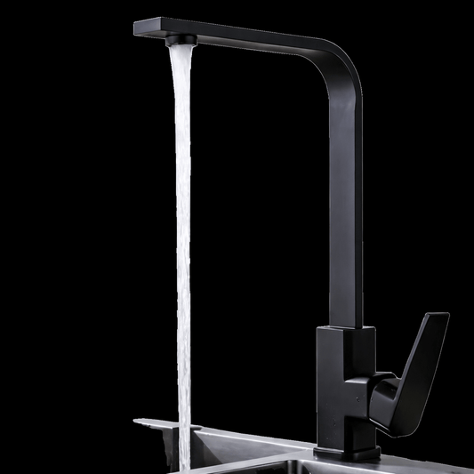Black kitchen faucet with water flowing on a black background