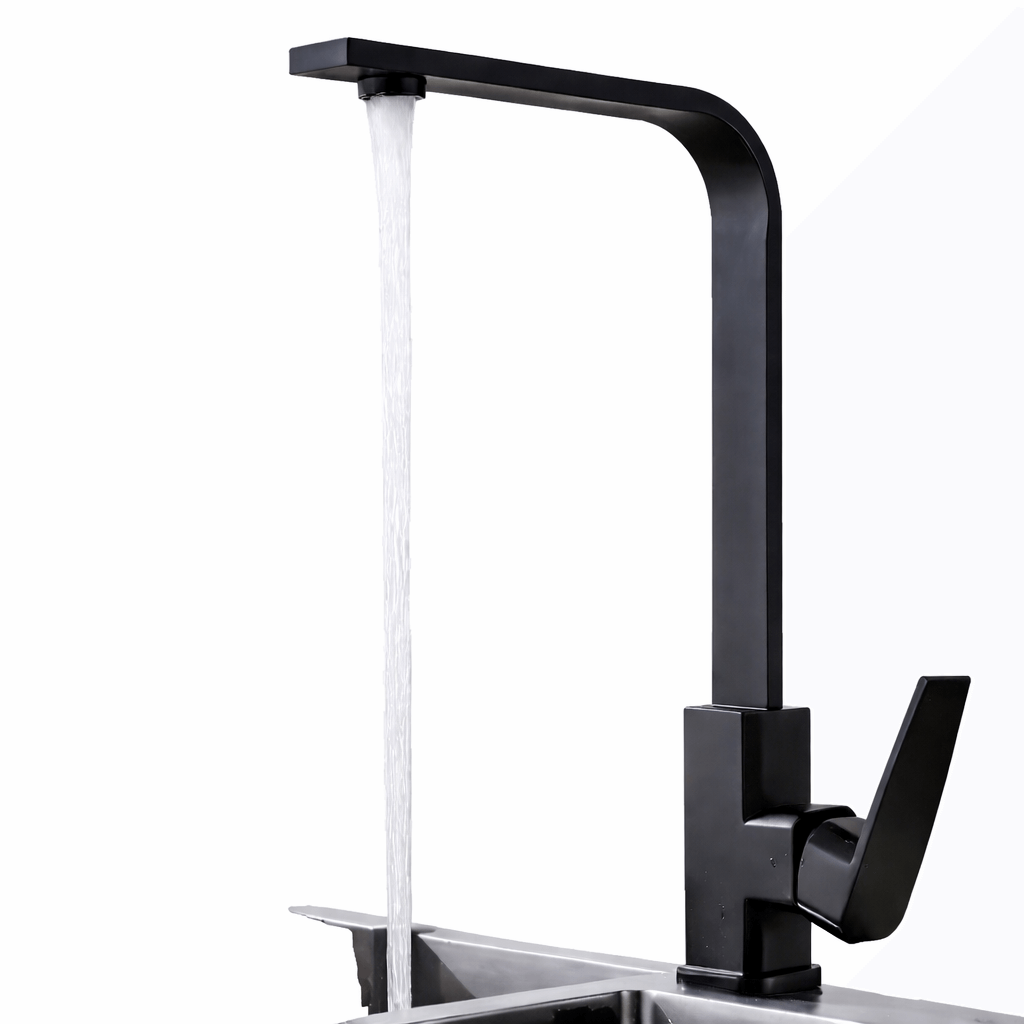 Black kitchen faucet with water flowing on a white background