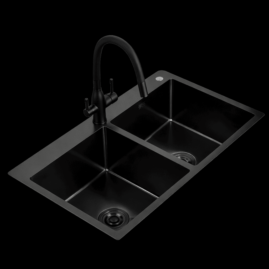 Black kitchen sink with faucet on a black background