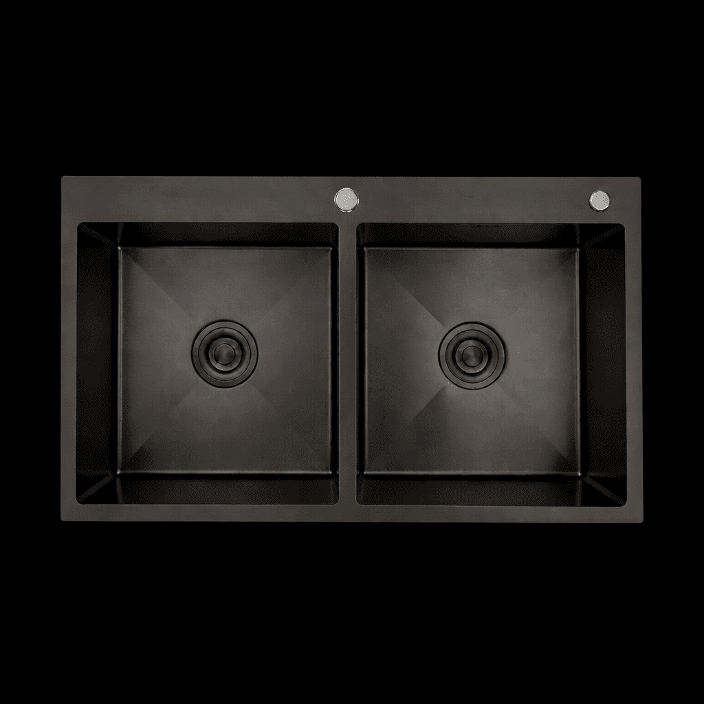 Black double-basin kitchen sink on a white background