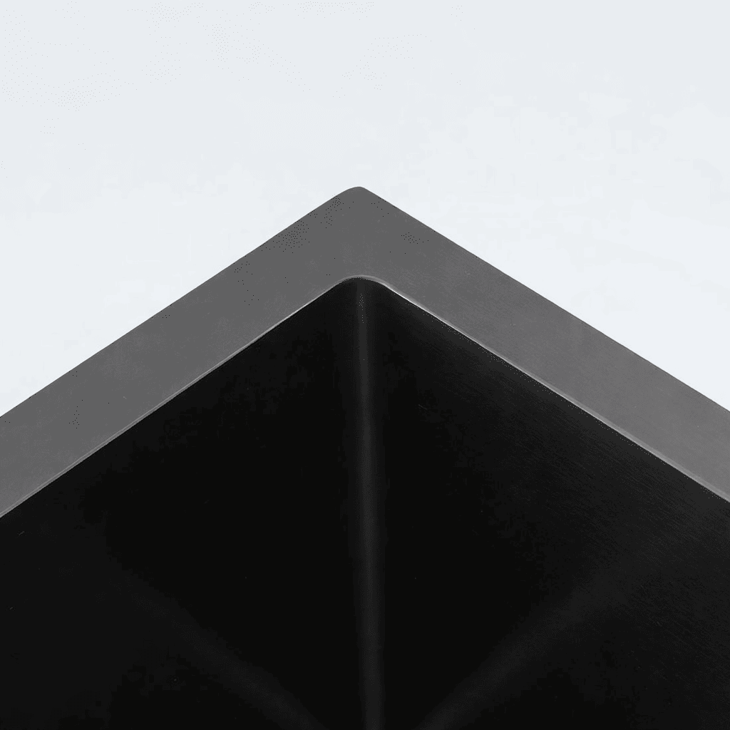 Close-up of a black kitchen sink corner on a light gray background