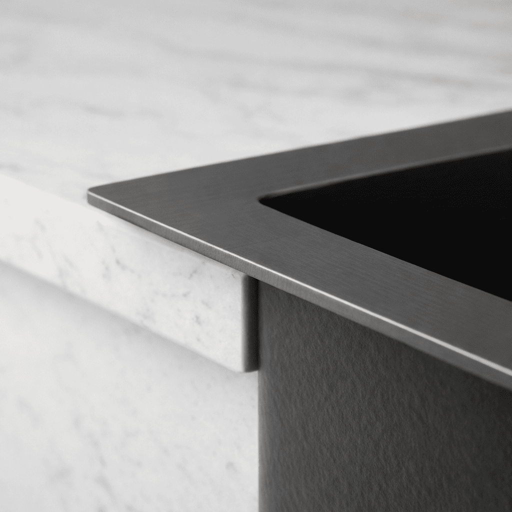 Close-up of a black kitchen sink with a marble countertop