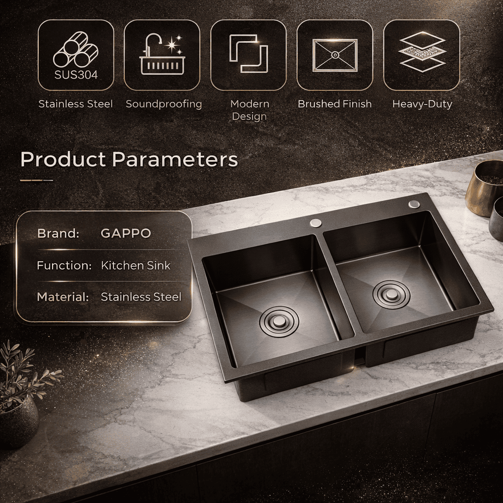 Stainless steel kitchen sink with product parameters on a dark background