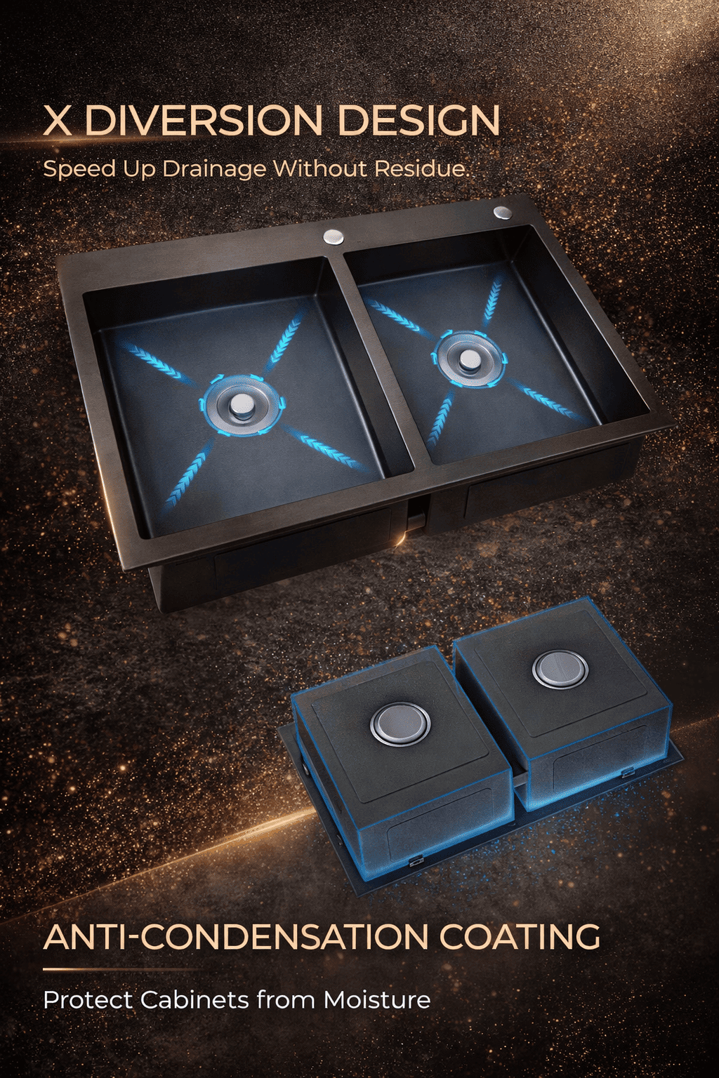 Bathroom sink with X Diversion Design and anti-condensation coating features on a dark background.