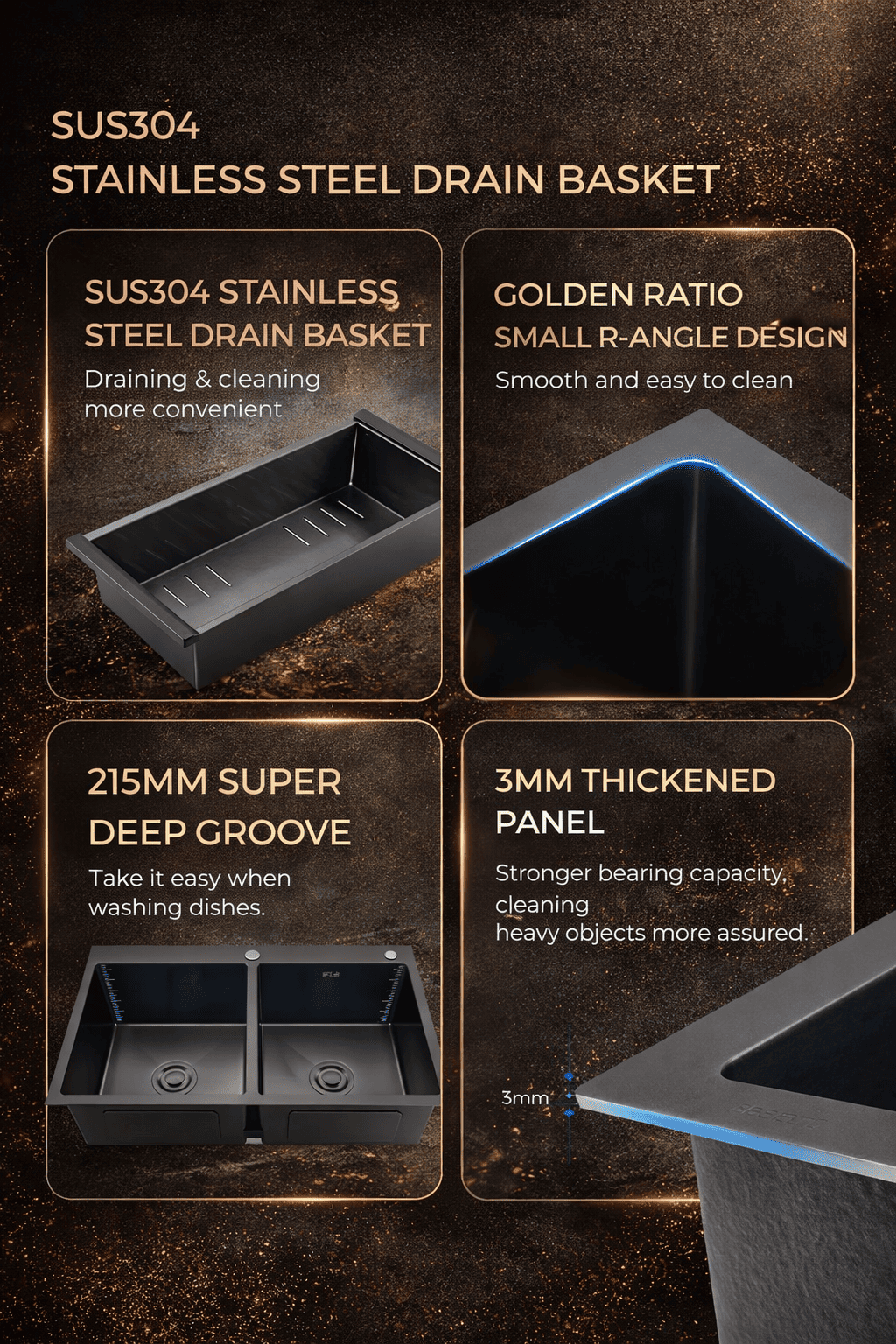 Stainless steel drain basket with features highlighted on a dark background