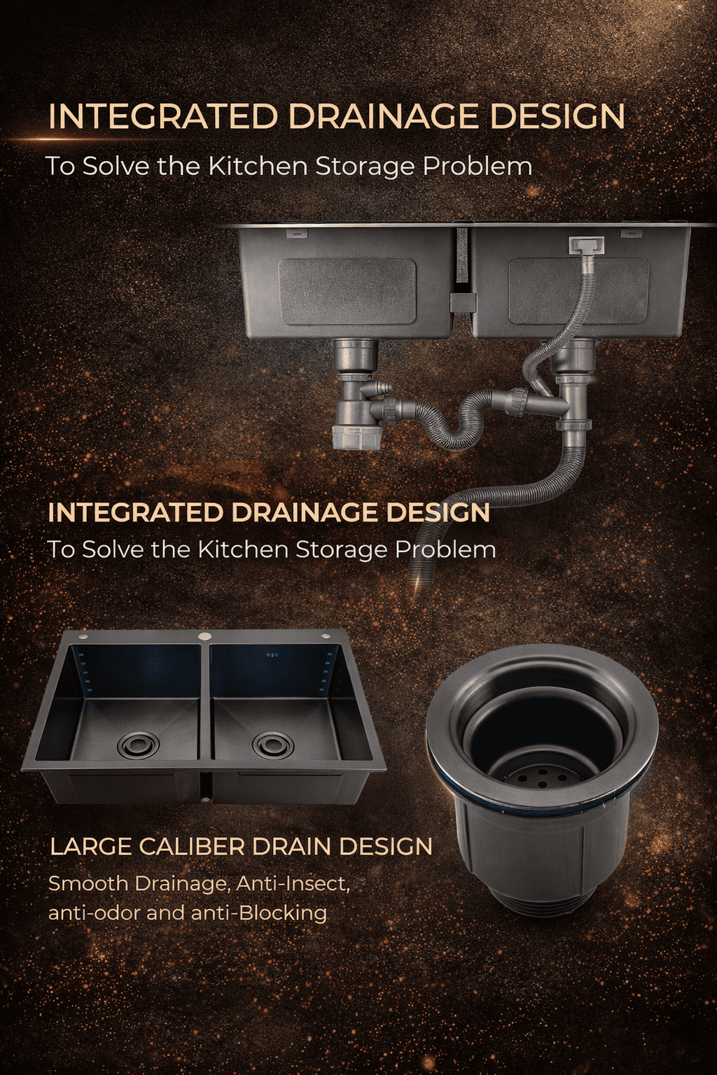 Integrated drainage design for kitchen sinks with text on a dark background