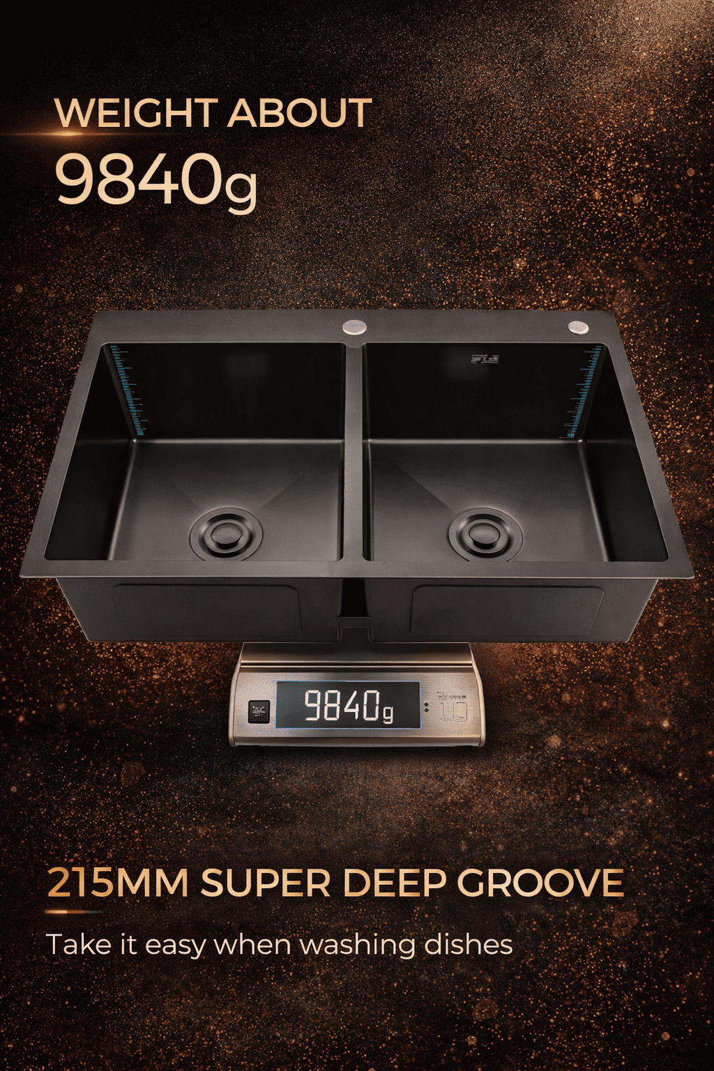 Black kitchen sink on a scale with weight display, set against a dark background.