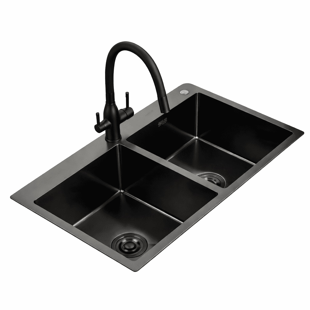 Black kitchen sink with faucet on a white background