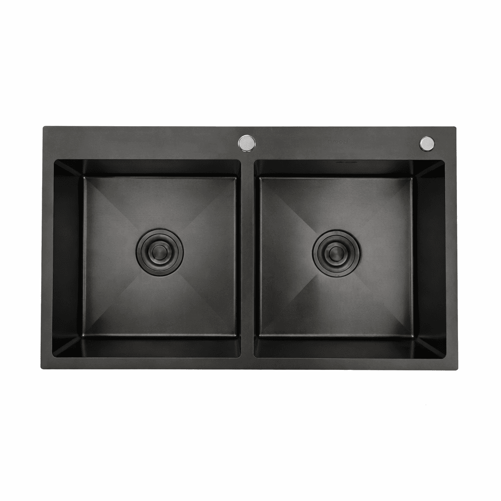 Black double-basin kitchen sink on a white background