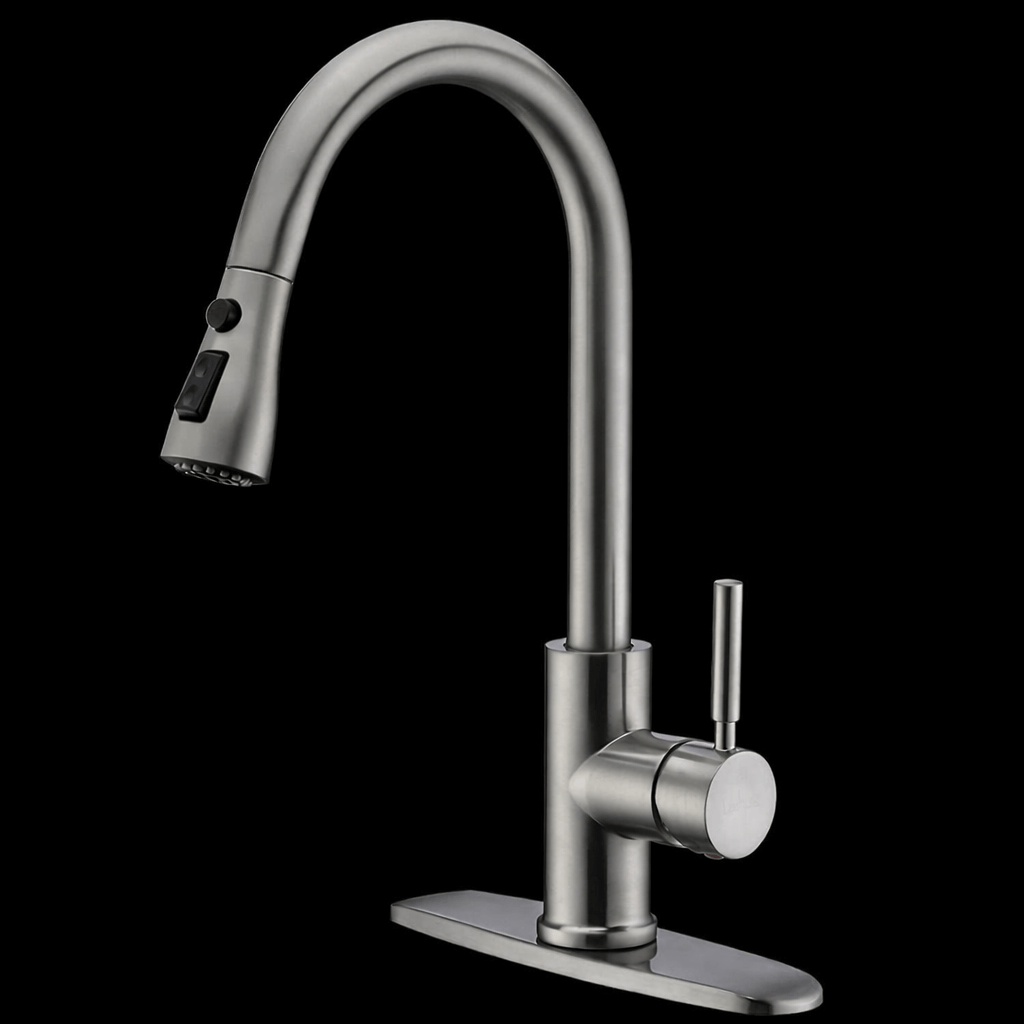 Stainless steel kitchen faucet on a black background