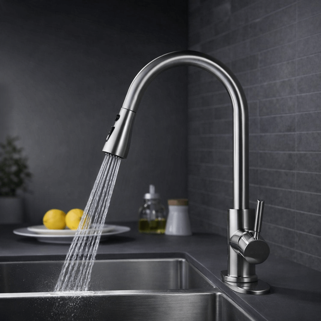 Modern kitchen faucet with water flowing into a sink against a dark tiled wall.