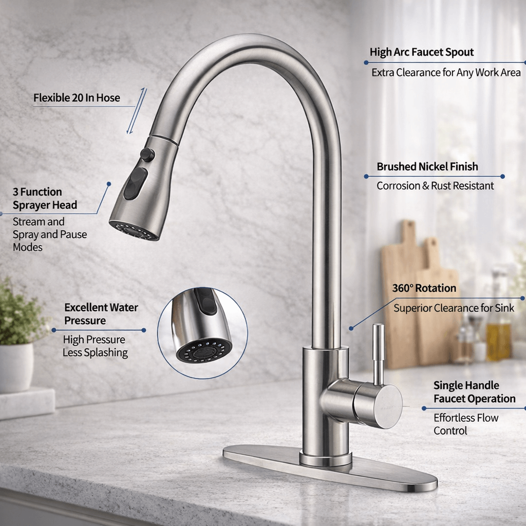 Stainless steel kitchen faucet with features highlighted on a neutral background