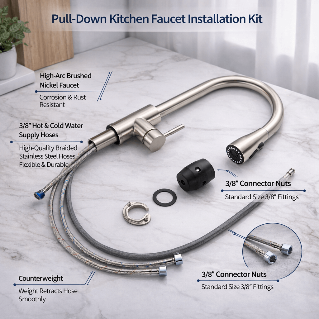 Pull-down kitchen faucet installation kit with components on a marble countertop.