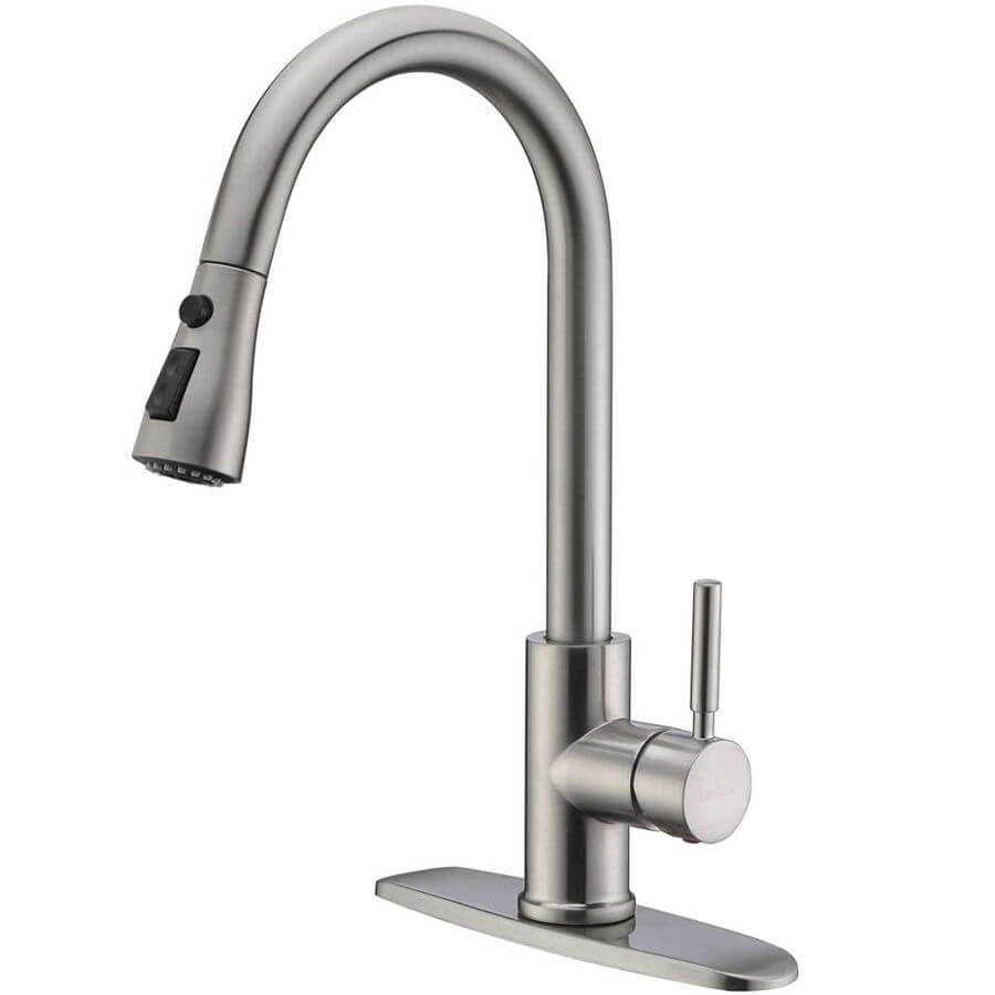 Stainless steel kitchen faucet on a white background