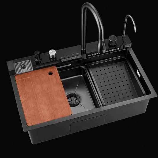 Black kitchen sink with a wooden cutting board and metal tray on a black background