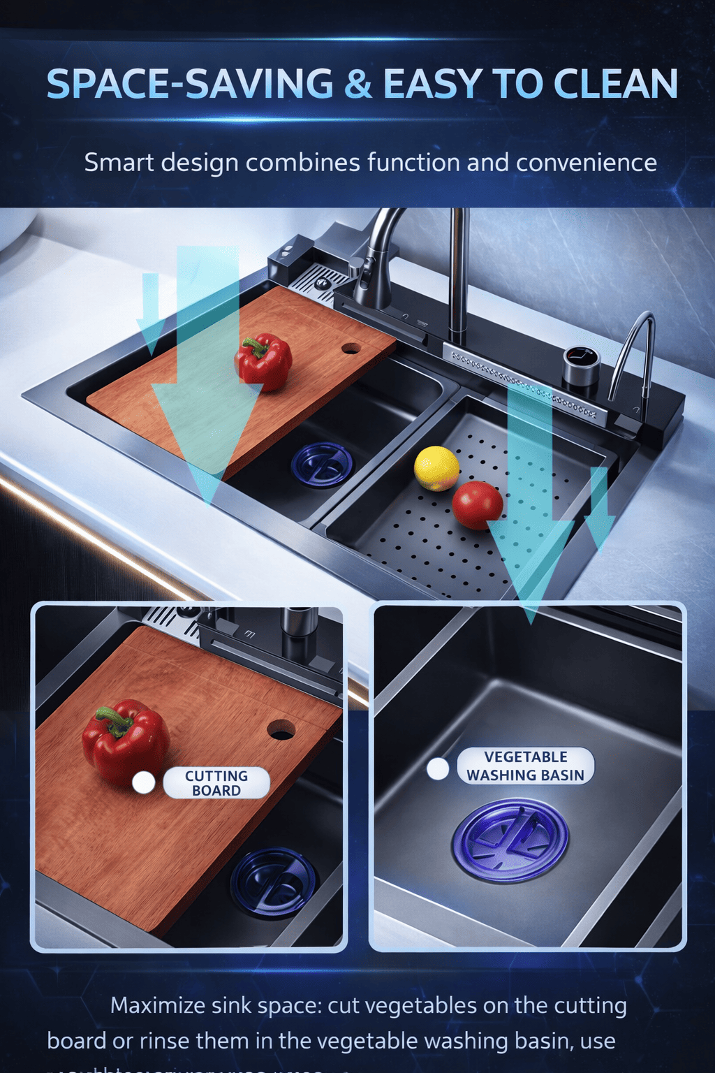 Smart kitchen sink design with cutting board and vegetable washing basin, emphasizing space-saving and ease of cleaning.
