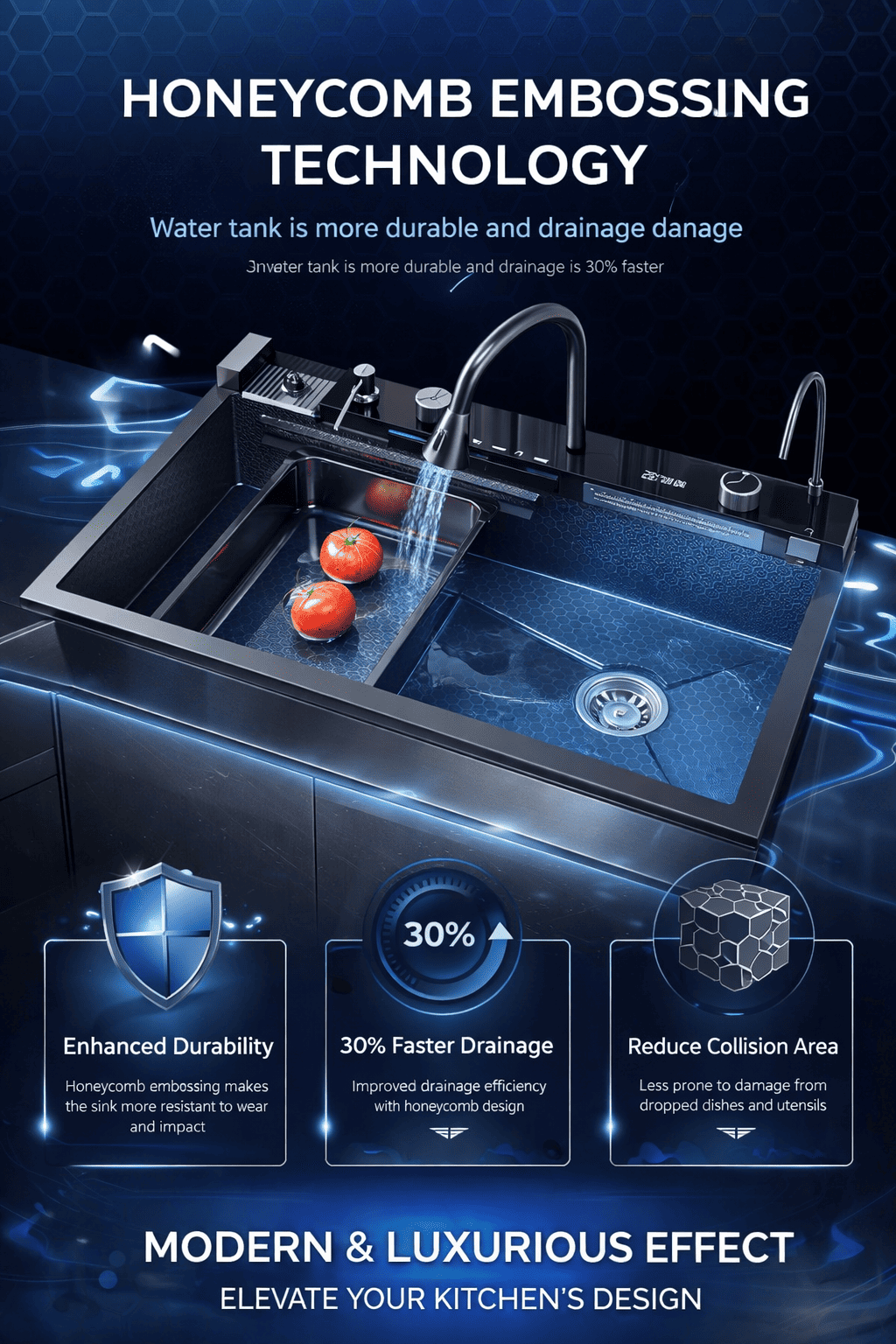 Modern kitchen sink with honeycomb embossing technology features on a dark background