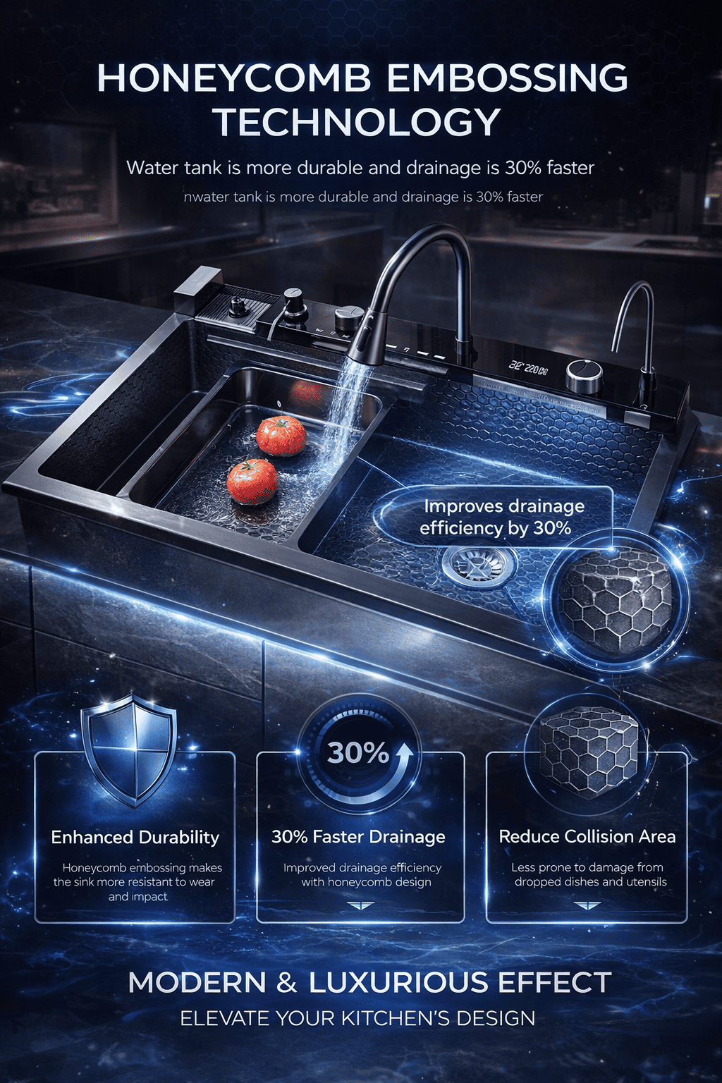 Modern kitchen sink with honeycomb embossing technology features, highlighting durability and drainage efficiency.