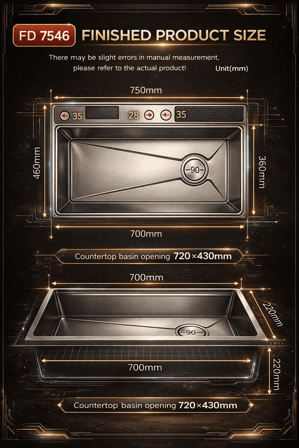 Technical drawing of a countertop basin with dimensions on a dark background