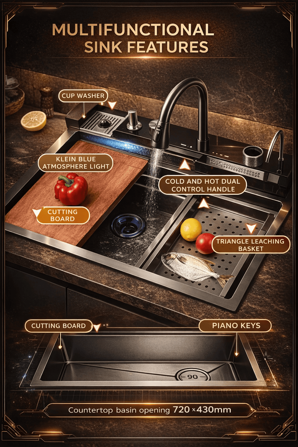 Multifunctional sink with various features highlighted on a dark background