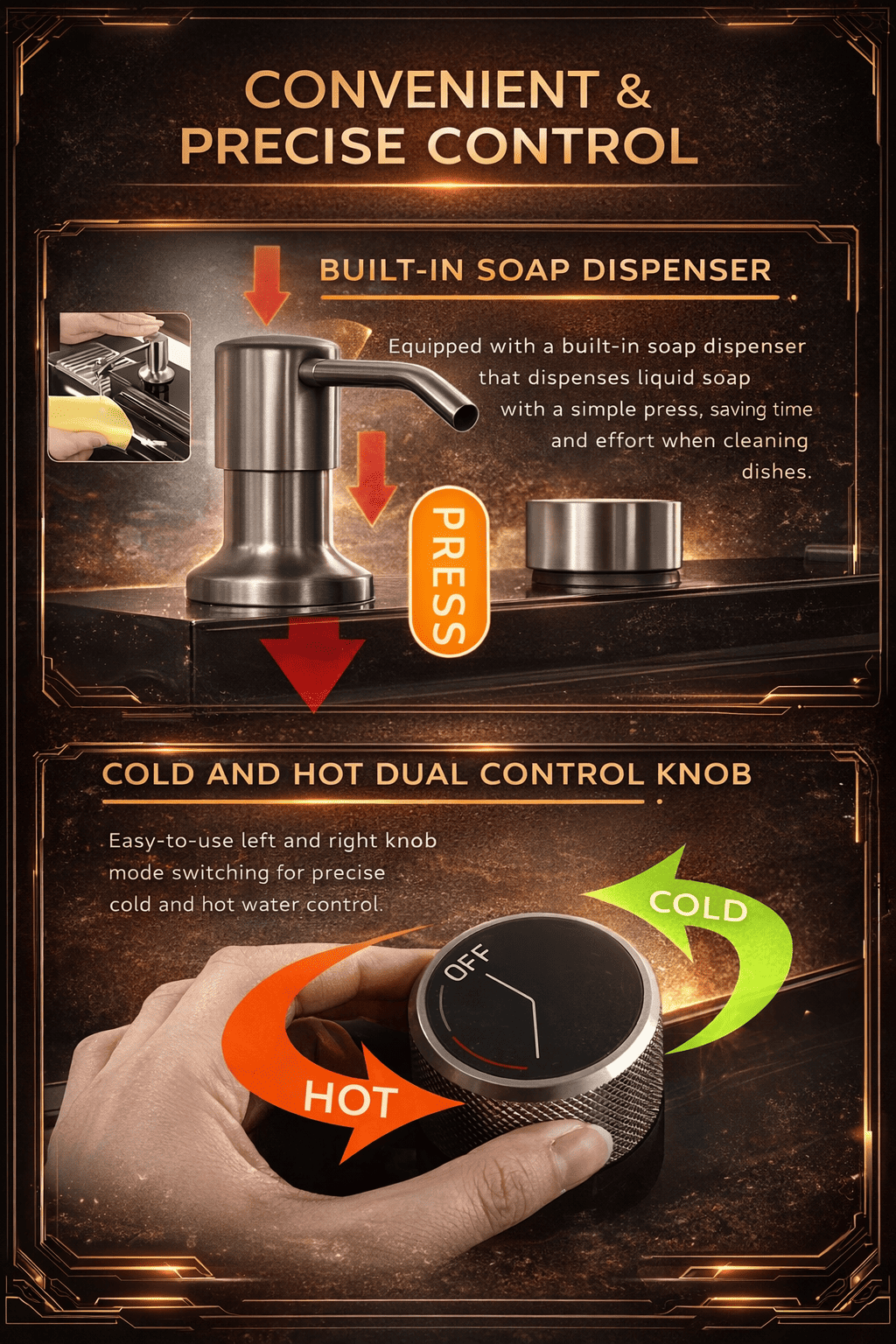 Kitchen faucet with built-in soap dispenser and dual control knob on a dark background