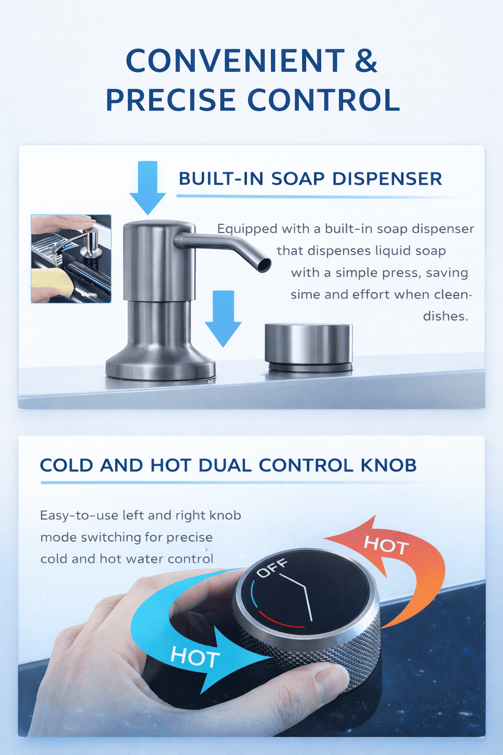 Kitchen faucet with built-in soap dispenser and dual control knob for water temperature.