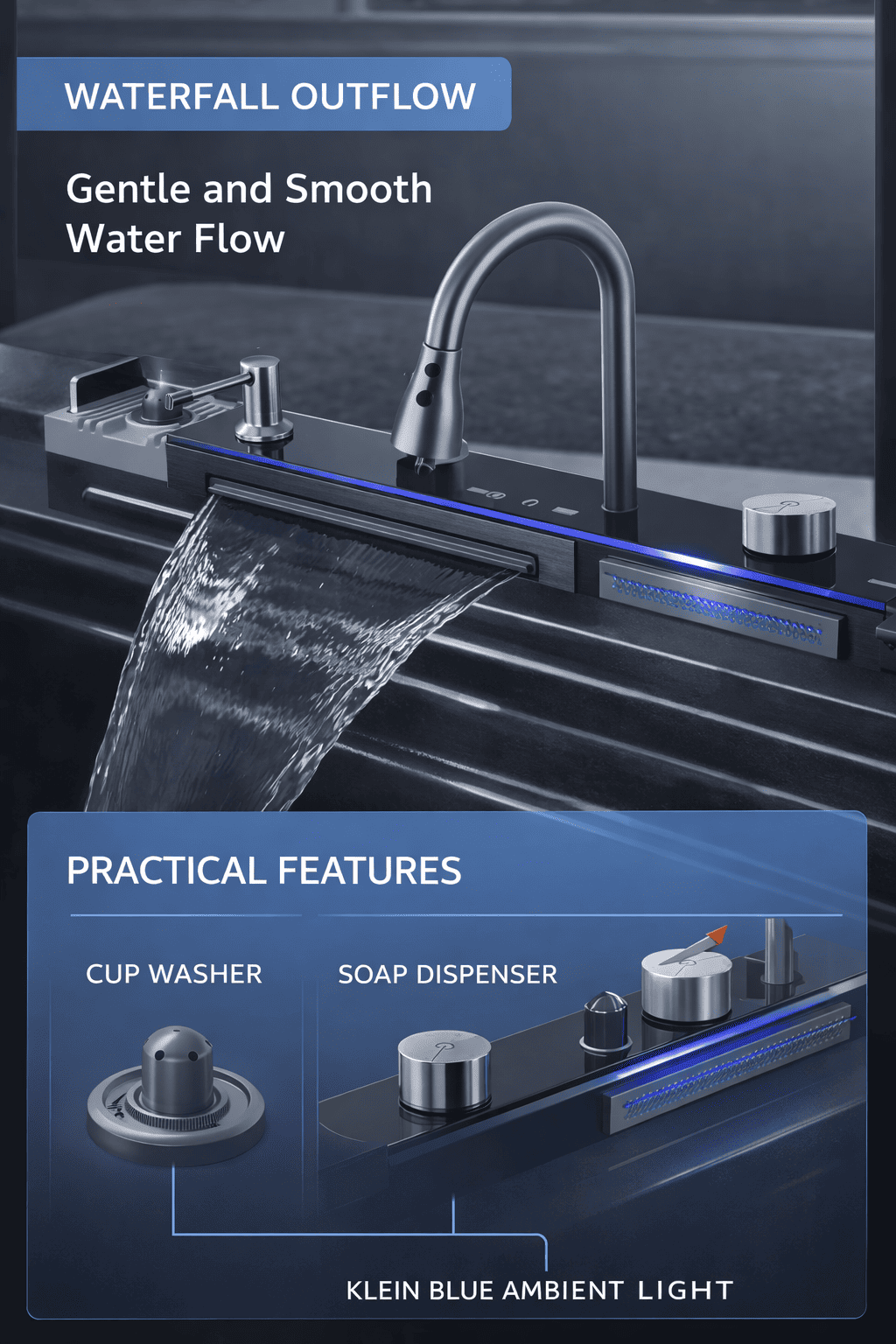 Modern kitchen sink with faucet and water features, emphasizing a smooth water flow and practical features.