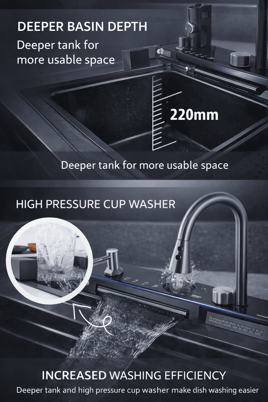 Kitchen sink with features highlighted, including deeper basin depth and high pressure cup washer.