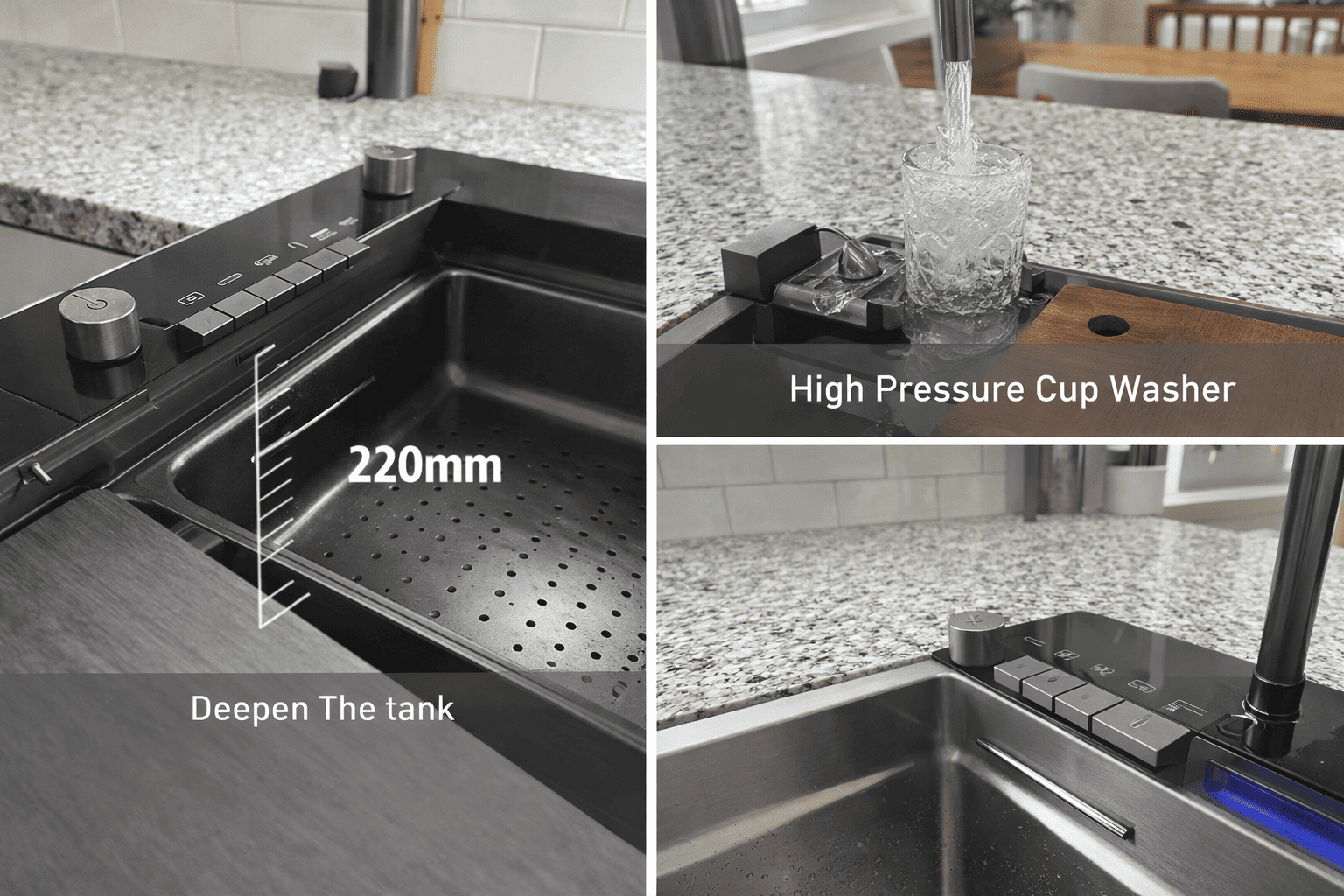Collage of a kitchen sink with text indicating features and measurements.