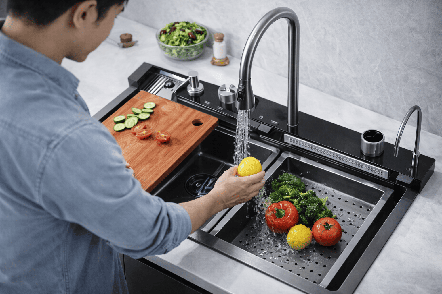 Person washing vegetables in a modern kitchen sink with a faucet